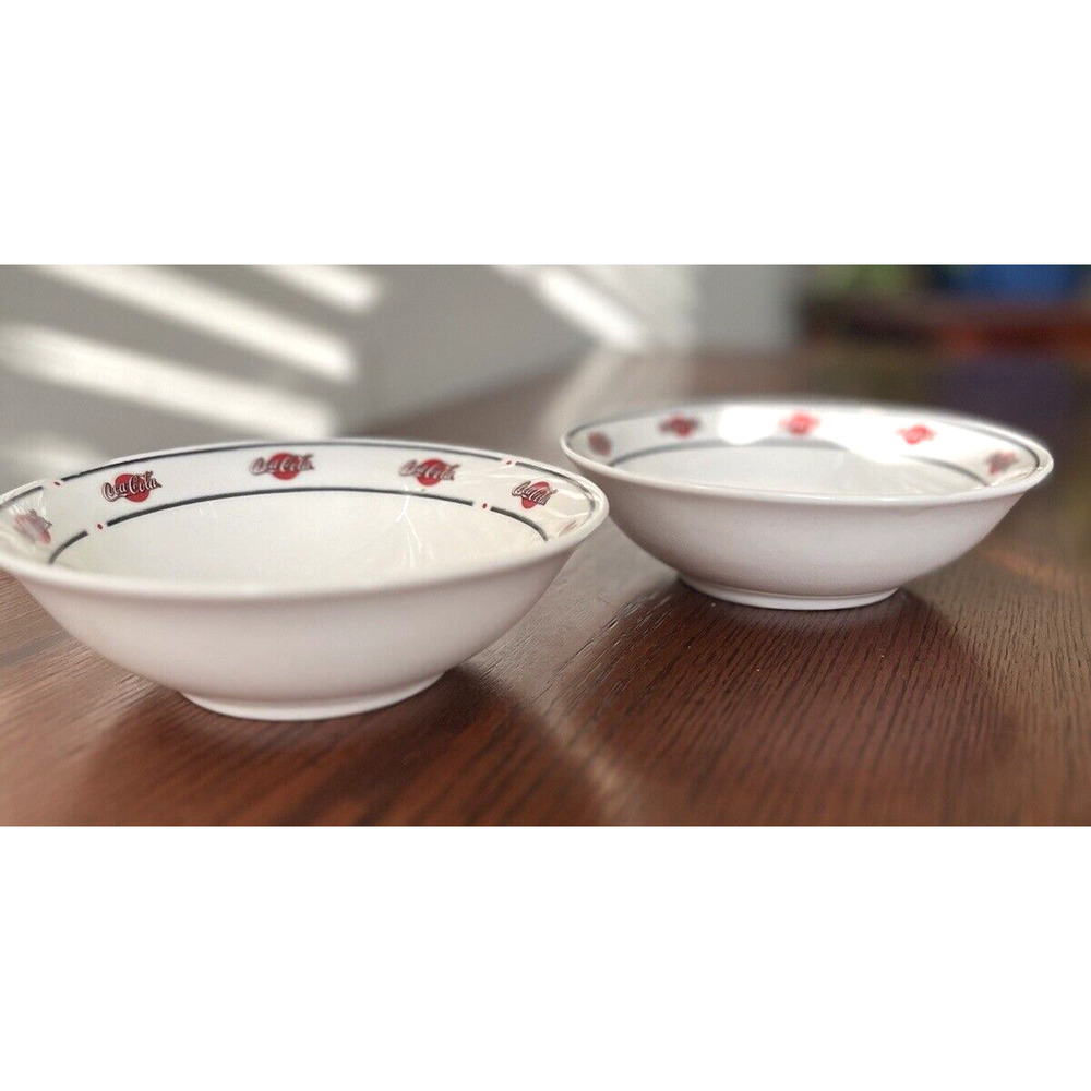 Vtg. Sakura Coca Cola Soup Cereal Bowls 6 1/2" in Red Dots Black Lines Set of 2